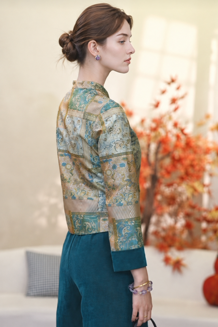 Imperial Teal Silk Mandarin Jacket & Wide-Leg Pant Set