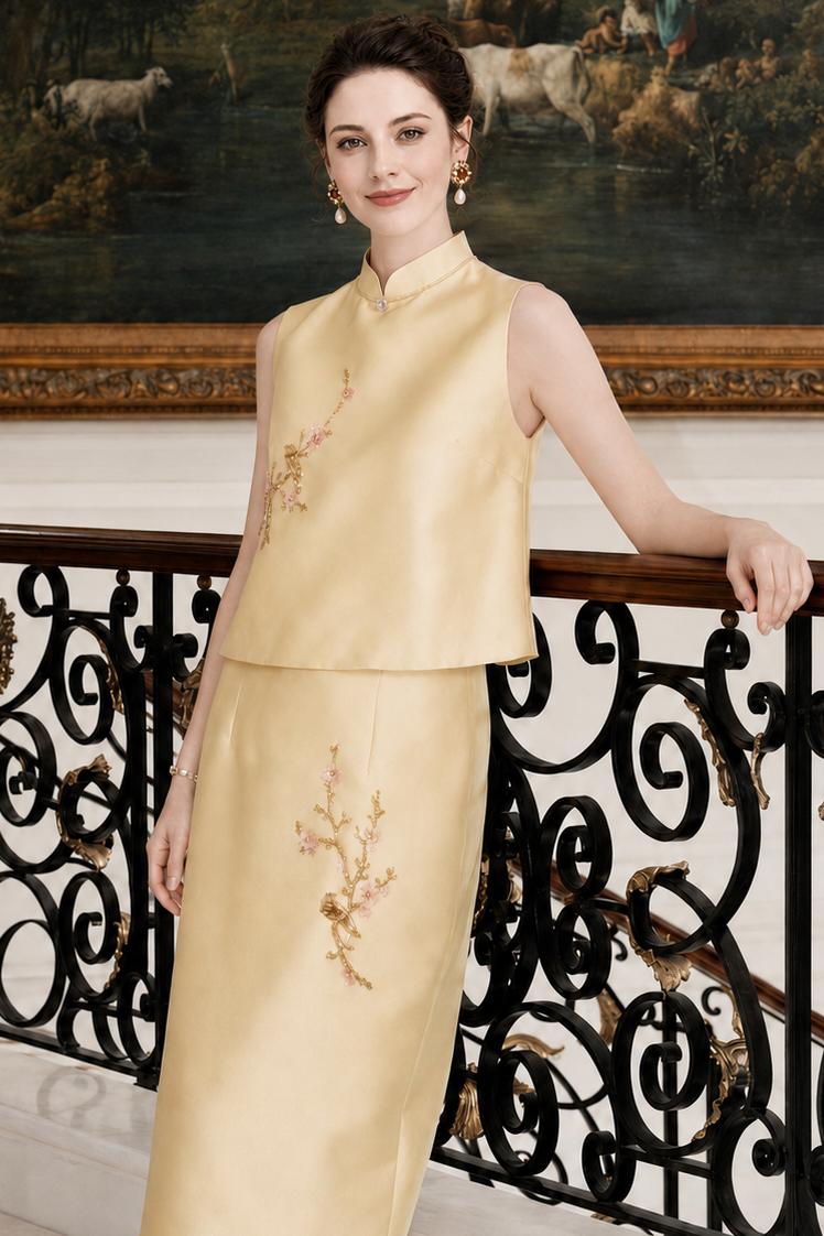 Victoria Princess Golden Blossom Embroidered Two-Piece Set