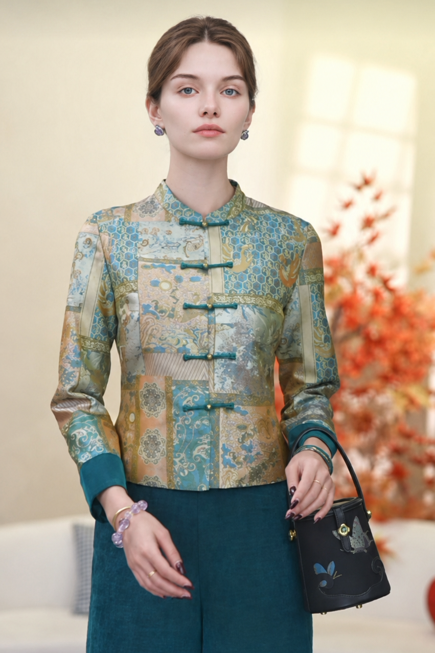 Imperial Teal Silk Mandarin Jacket & Wide-Leg Pant Set