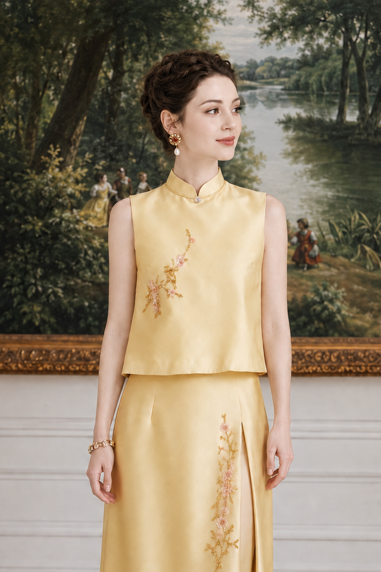 Victoria Princess Golden Blossom Embroidered Two-Piece Set