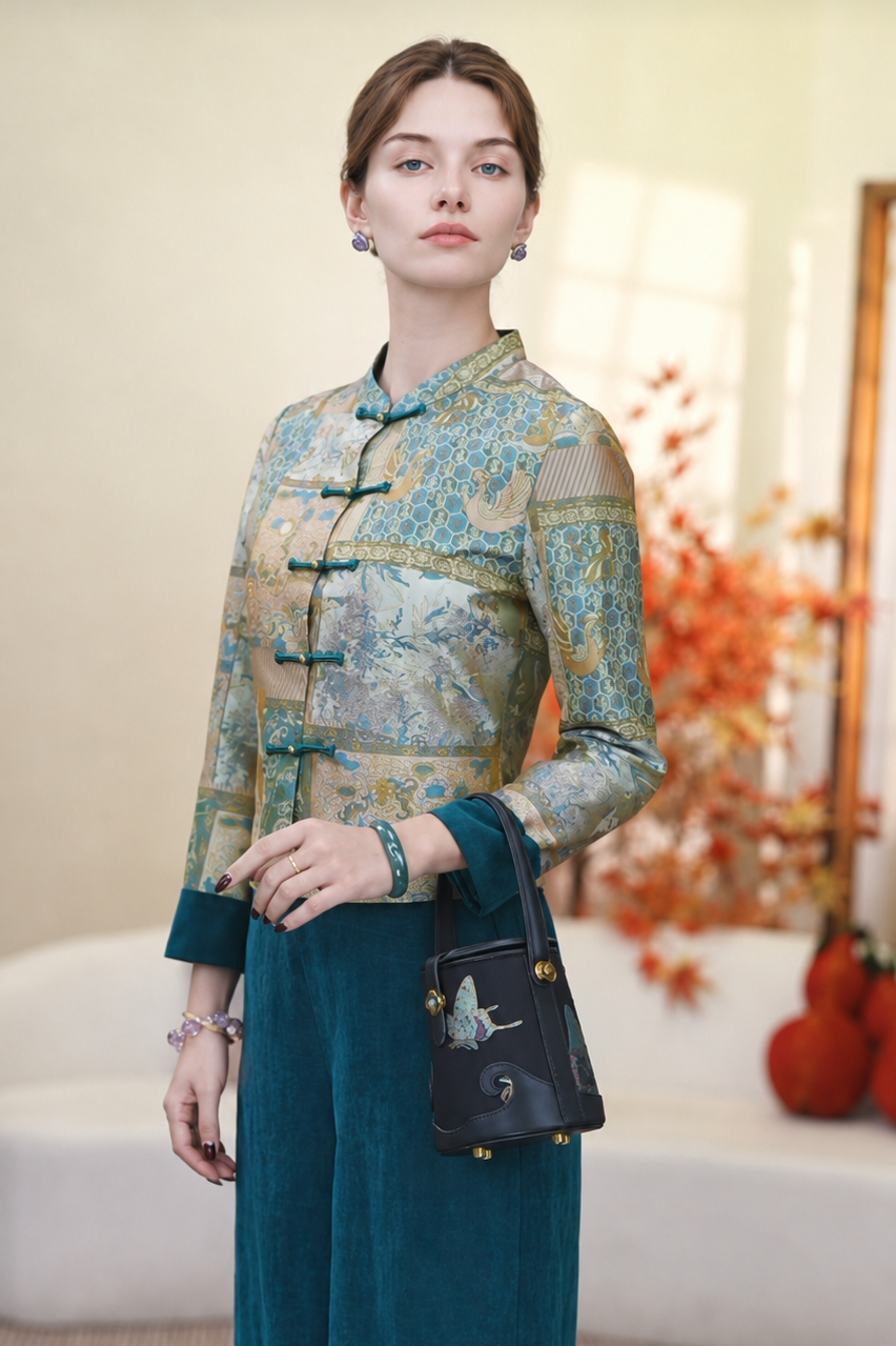 Imperial Teal Silk Mandarin Jacket & Wide-Leg Pant Set